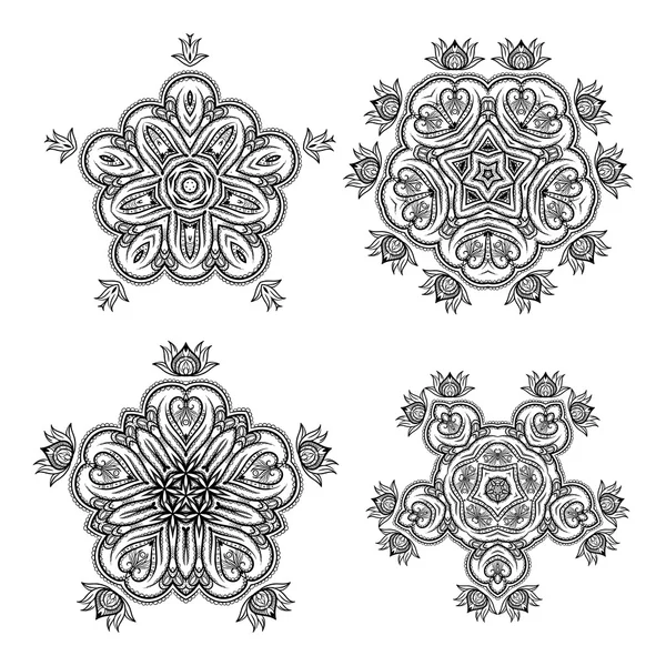 Set aus monochromen Blütenmandalas auf kontrastierendem Hintergrund. Schneeflocke — Stockfoto