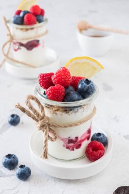 Beyaz arka planda böğürtlen ve tahıllı yoğurt.