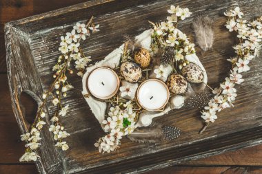 Yumurta kabuklarındaki mumlar, bıldırcın yumurtaları ve çiçek açan beyaz elma dalları. Tahta tepside, Paskalya süsü olarak.