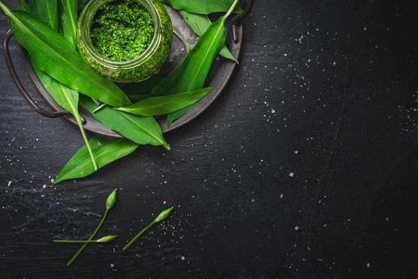 Ev yapımı yabani sarımsak pesto ve yabani sarımsak yaprakları siyah arka plandaki metal tepside fotokopi alanı ile birlikte.