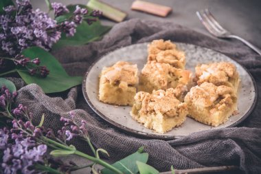 Rubarb parçacıkları gri arka plandaki bir tabakta, leylak çiçekleriyle süslenmiş.