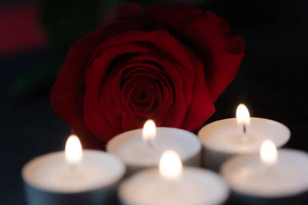 Růže Svíčkami Červené Pozadí — Stock fotografie