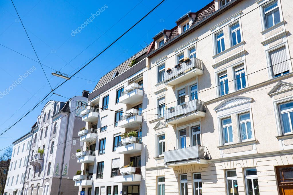 Row of houses with renovated old buildings in Neuhausen, Munich, beautiful old buildings, Art Nouveau