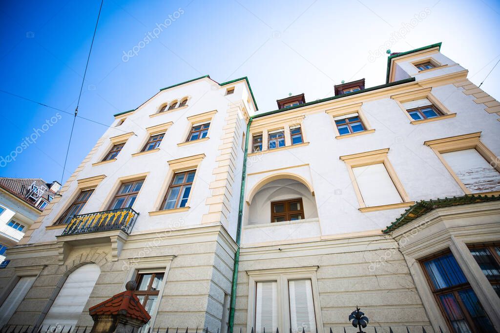 Row of houses in Munich, old and new buildings in Neuhausen, Art Nouveau