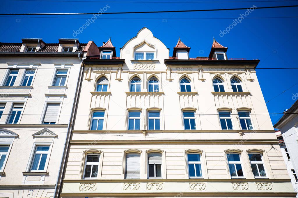 Art Nouveau house in Munich, blue sky