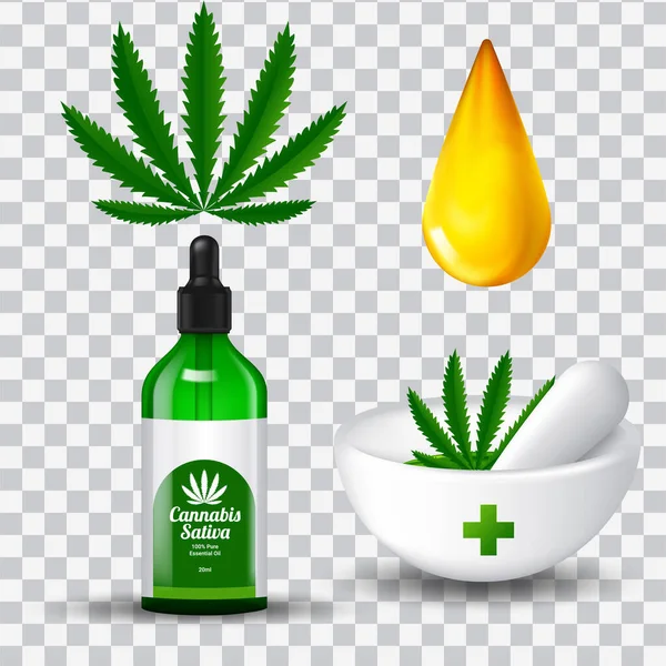 Ilustración Vectorial Hojas Cannabis Aceite Botellas — Vector de stock