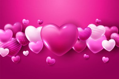 Gerçekçi 3D Renkli Romantik Sevgililer Günü Kalpleri Kırmızı Arkaplanda