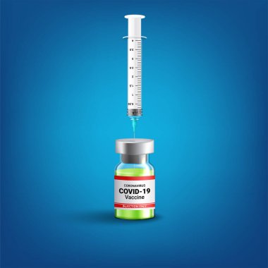 Covid-19 Coronavirus konsepti. Aşı şişesi ve şırınga