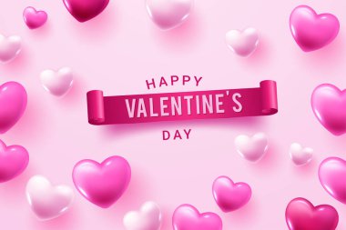 Gerçekçi 3D Renkli Romantik Sevgililer Günü Kalpleri Kırmızı Arkaplanda