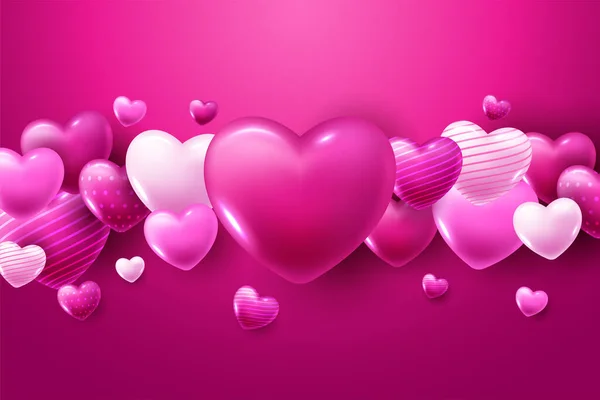 Corações Românticos Coloridos Realistas Valentine Fundo Vermelho —  Vetores de Stock