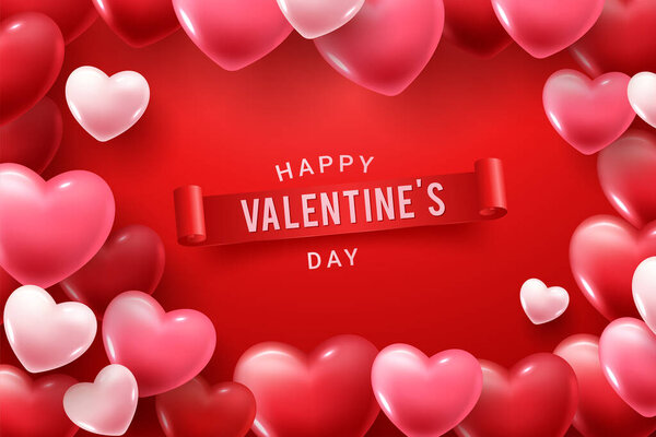 Happy Valentine Day congratulation banner with red and pink 3d heart shapes