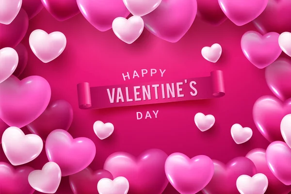 Corações Românticos Coloridos Realistas Valentine Fundo Vermelho —  Vetores de Stock