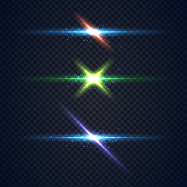 Gerçekçi vektör parlayan mercek, saydam arkaplanda parıldayan yıldızlar ve parıltılarla ışık efekti oluşturur