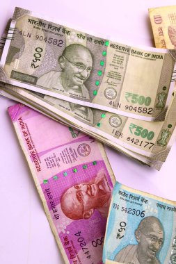 Hint kağıt para birimi notları ya da beyaz arka plandaki para. Yeni Hint rupileri