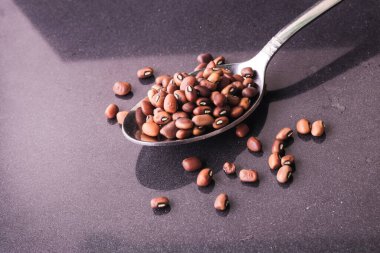 Kurutulmuş fasulye ya da siyah arka planda çelik kaşıkta fasulye.. 