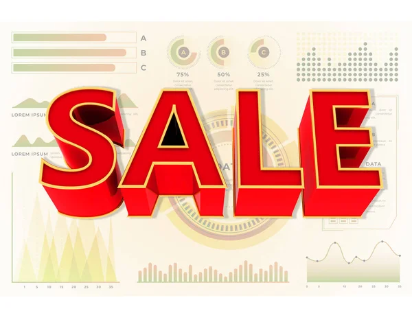 Bilgi grafik arkaplanındaki satıştaki kırmızı metnin 3d resmi. 3B illüstrasyon.