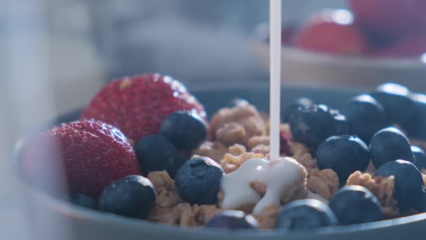 Giet natuurlijke biologische melk of yoghurt in een keramische kom met gezonde granola en meng van verse biologische vruchten en bessen. — Stockvideo