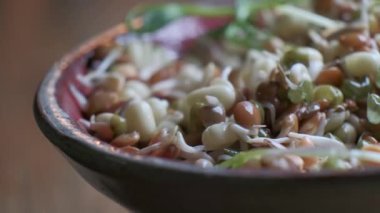  Mikroçim ve kabuklu tanecikler su akıntısı ile, yakın çekim yavaş çekim. Sağlıklı çiğ vegan organik gıda konsepti