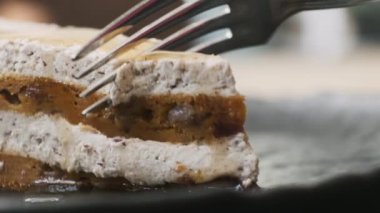 Havuçlu kek yiyorum. Sağlıklı vejetaryen pastasından bir ısırık alıyorum..