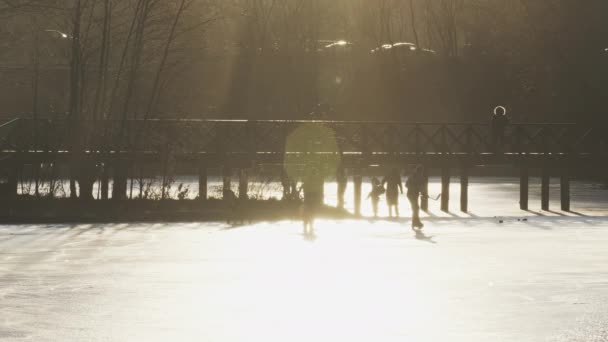 Famiglia felice che cammina sul ghiaccio ghiacciato del fiume. Il sole retroilluminato splende e si riflette nella neve. Concetto di attività invernali al rallentatore. — Video Stock