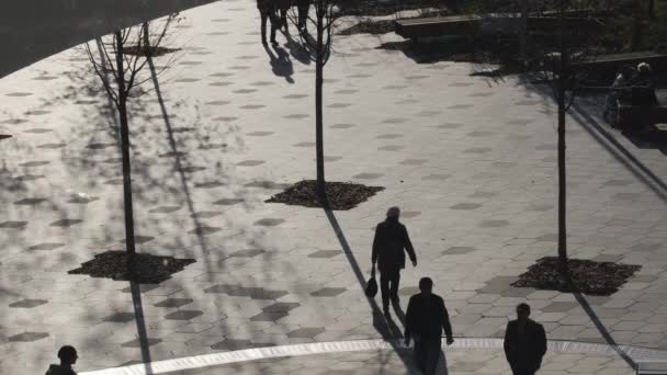 Les gens marchent sur la place dans le parc de la ville. Silhouettes au soleil rétroéclairé au ralenti. — Video