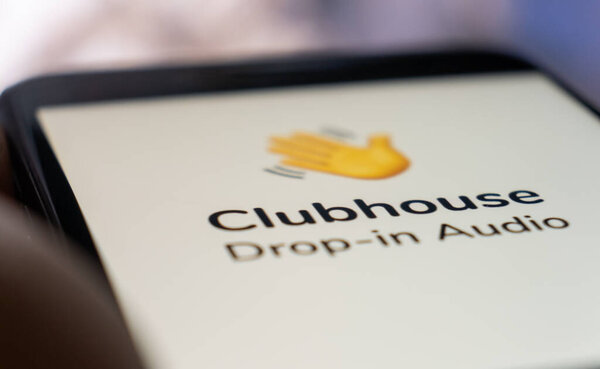 Clubhouse app icon. Close up of smartphone with clubhouse application. Moscow 2 March 2021