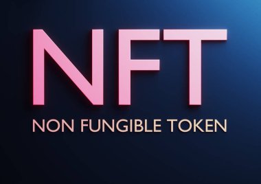 Mavi arkaplandaki NFT karşılanamaz 3D neon metin. Dijital varlık, koleksiyon ve kriptoart almanın yeni bir yolu. 3d hazırlayıcı.