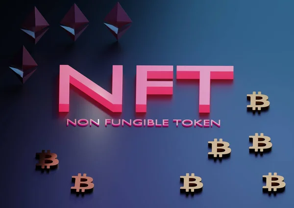 NFT concetto gettone non fungibile con valute crypto Bitcoin ed Ethereum. Nuovo modo di acquistare beni digitali, oggetti da collezione e cryptoart. rendering 3d. — Foto Stock