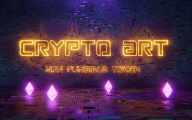Şifreleme sanatı NFT karşılanamaz kripto para birimleri Ethereum ile neon ışığı konsepti. Dijital varlıkları, koleksiyonu ve kripto sanatını satın almanın yeni bir yolu. 3d hazırlayıcı.