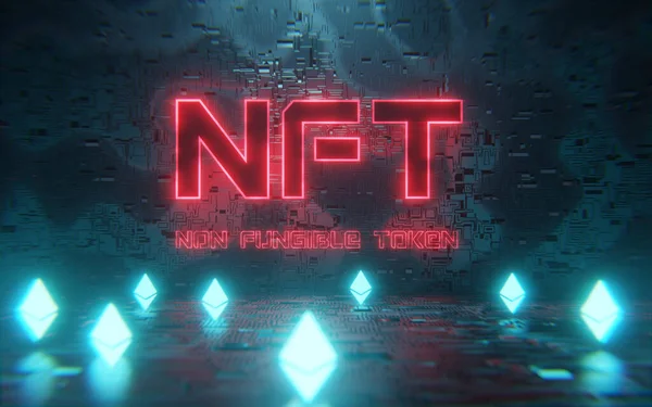 NFT concetto al neon gettone non fungibile con cripto valute Ethereum. Nuovo modo di acquistare beni digitali, collezionabili e crypto art. rendering 3d. — Foto Stock