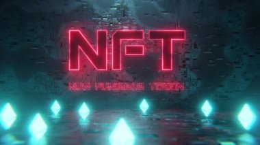 Kripto para birimleri Ethereum ile NFT karşılanamaz neon kavramı. Dijital varlıkları, koleksiyonu ve kripto sanatını satın almanın yeni bir yolu. 3d hazırlayıcı.