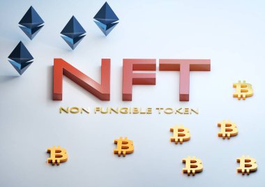 Şifreli para birimleri Bitcoin ve Ethereum ile NFT karşılanamaz sembol kavramı. Dijital varlık, koleksiyon ve kriptoart almanın yeni bir yolu. 3d hazırlayıcı.