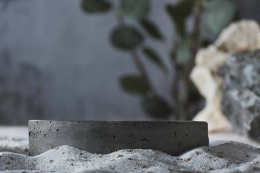 Kozmetik ürünleri için arka plan. Geometrik şekilli, doğal kaya ve yapraklı gri beton sahne. Beton gri podyum. Ürün sunumu için boş bir vitrin. Kalıbı düzenle