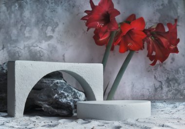 Kozmetik ürünleri için arka plan. Geometrik şekilli gri beton sahne ve kırmızı çiçek. Beton yuvarlak ve yay beyaz podyum. Ürün sunumu için boş bir vitrin. Kalıbı düzenle