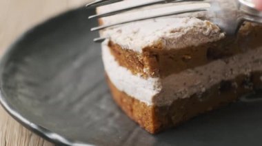 Havuçlu kek yiyorum. Sağlıklı vejetaryen pastasından bir ısırık alıyorum..