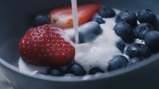 Häll naturlig ekologisk mjölk eller yoghurt i keramikskål med hälsosam blandning av färska ekologiska frukter och bär. — Stockvideo