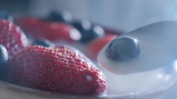 Comer yogur saludable con bayas frescas de arándanos. Desayuno saludable con arándanos, fresas y leche. — Vídeo de stock