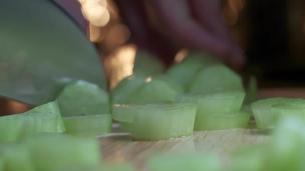 Řezání celer pomocí kuchyňského nože na dřevěné desce, Čerstvý zdravý celer pro stravování a vaření z ekologické farmy. — Stock video