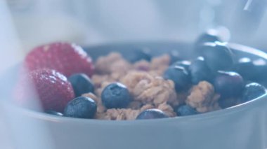 Doğal organik granola içinde düşen yabanmersini ve taze organik meyve ve böğürtlen karışımı..