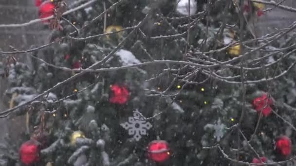 Las ramas delgadas contra el árbol de Navidad adornado a la tormenta de nieve — Vídeos de Stock