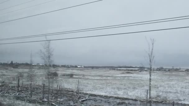 Movendo-se ao longo do campo congelado, inverno paisagem rural fria, neve e gelo. Pov tiro de rastreamento da janela do trem. — Vídeo de Stock