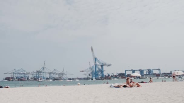 People relax on wide yellow sandy beach with large umbrellas — Stock Video