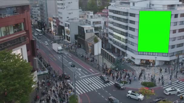 Stor skylt med en grön skärm för reklam, på den moderna byggnaden, upptagen korsning med neonljus, trafik, publik, Tokyo, Japan. — Stockvideo