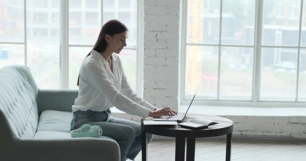 Konzentrierte, ernsthafte junge Frau, die aus der Ferne arbeitet und glücklich über ihren fernen Job ist. — Stockvideo