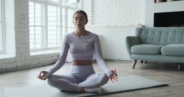 Jovem mulher feliz praticando ioga e fazendo exercícios respiratórios. — Vídeo de Stock