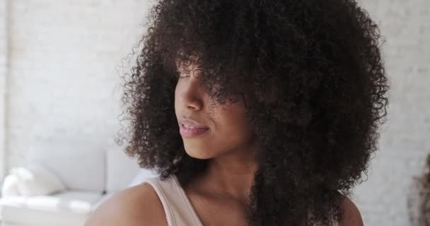 Imagen de una hermosa morena joven afro-americana con peinado rizado — Vídeos de Stock