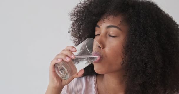 Primo piano di una giovane donna africana sana che porta un bicchiere di acqua fresca e pulita filtrata — Video Stock