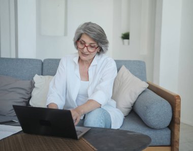 Sosyal ağda yazı yazmak için dizüstü bilgisayar kullanan düşünceli son sınıf kadın blogcu