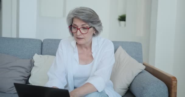 연구 와창의 작업을 위해 컴퓨터를 사용하는 연로 한 여자에게 초점을 맞추는 모습 — 비디오