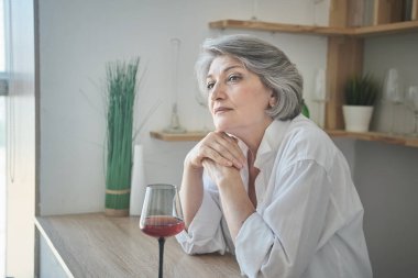 Parlak, rahat bir dairede elinde bir bardak şarapla mutlu yaşlı bir kadının portresi.